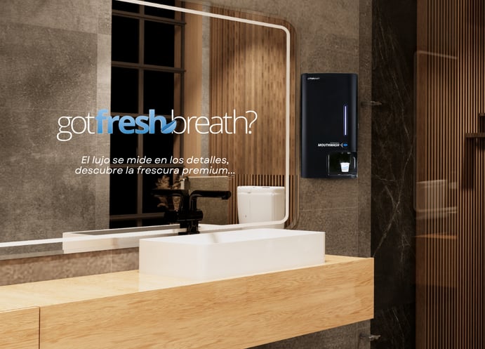 Dispensador negro Got Fresh Breath en baño de lujo con diseño moderno y elegante.