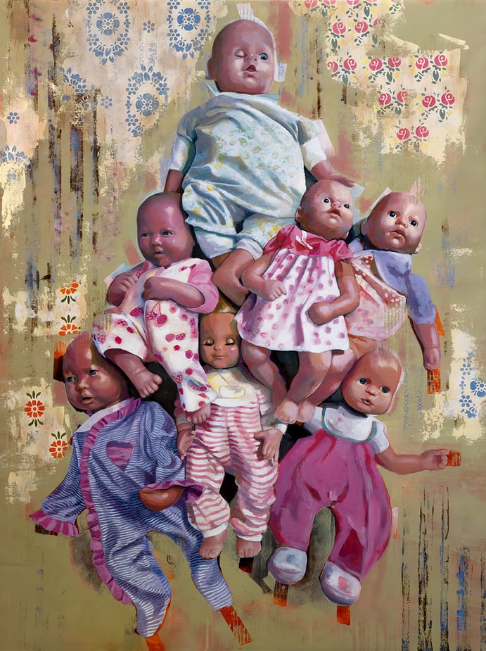 Plaything by C Gallagher; collection of dolls; background of fragments of vintage wallpaper designs.