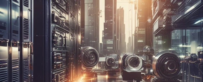 A robot with intricate details is positioned against a dimly lit, reddish background. The robot features a pair of goggles with round lenses and a grill-like mouth. Orange accents are present on its headgear, resembling a cap or visor. The metallic texture and design components suggest a blend of retro and industrial aesthetics.