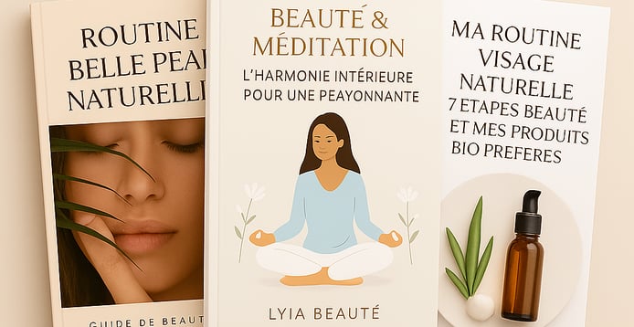 Mockup de trois ebooks beauté affichés en éventail sur une table claire. Les couvertures présentent