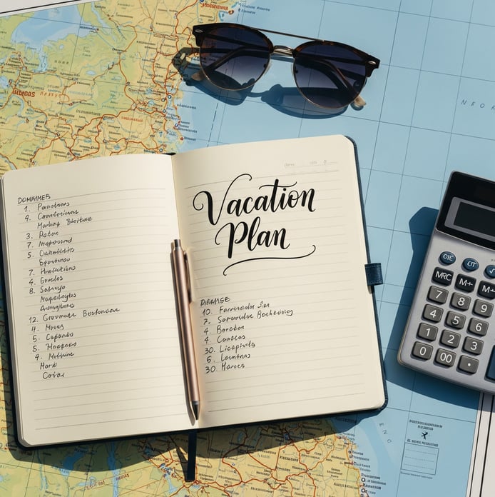 Plano cenital de una libreta con el título ‘Plan Vacaciones’, un mapa, gafas de sol, una calculadora