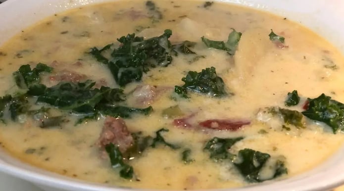 copycat olive garden zuppa toscana soup in white bowl 