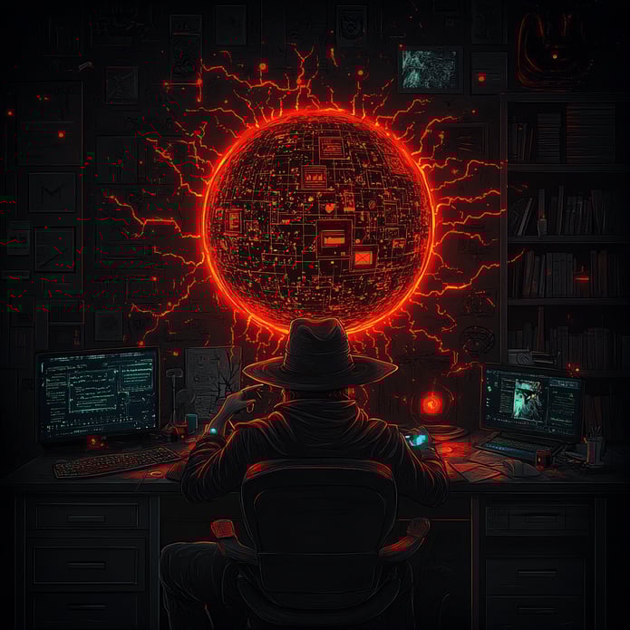 a man sitting at a desk with a computer and a computer