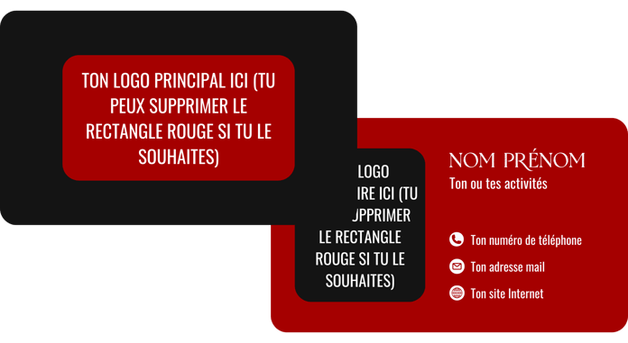 a red and black business card with white colored text