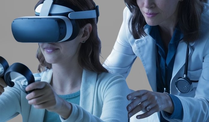 a doctor woman in a lab coat with a patient using Virtual Reality