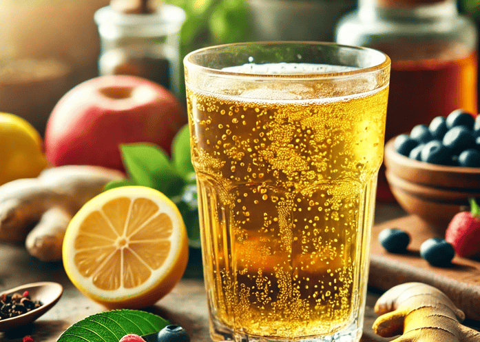A refreshing glass of golden, fizzy kombucha on a rustic wooden table, surrounded by fresh ingredien