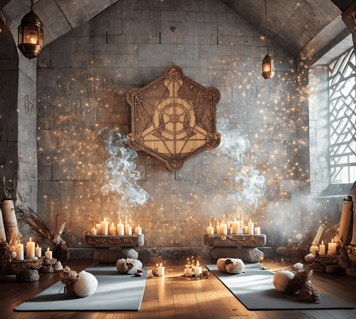 Cuadro de madera del Cubo de Metatrón colgado en una sala de meditación con velas, humo y luz cálida