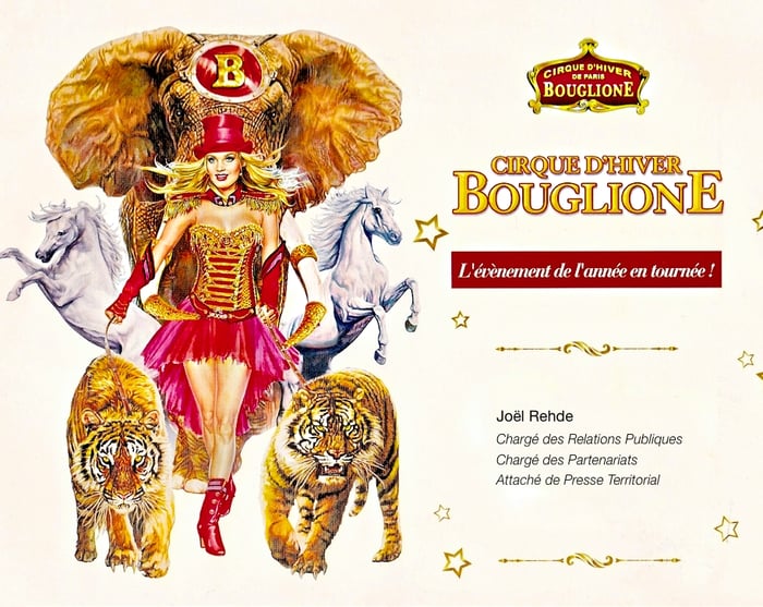 Carte de visite du Cirque Bouglione avec Joel Rehde attaché de presse