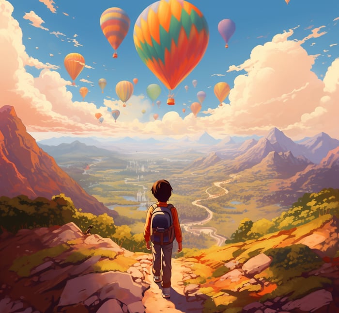 a boy standing on a mountain top and sky filled with hot air balloon.