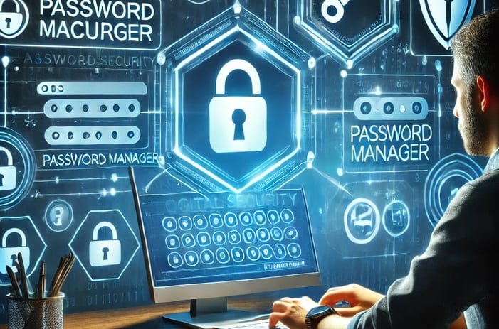 A modern digital illustration of a person protecting their online accounts.