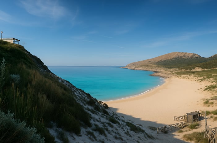 Veduta panoramica ultra-realistica di Cala Mesquida a Maiorca, ripresa da una collina con vista sulla spiaggia dorata, le dun