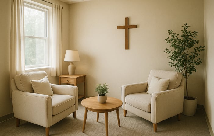 Faith-based counseling office with a cross, books, and warm lighting.