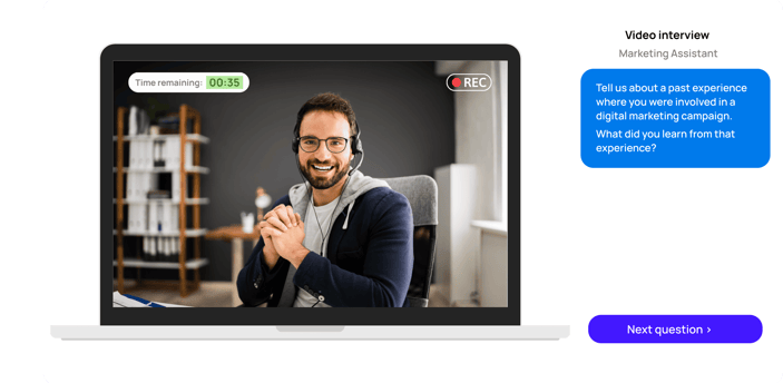A candidate responding to an AI-powered video interview on their laptop, showing intuitive and accessible remote assessment