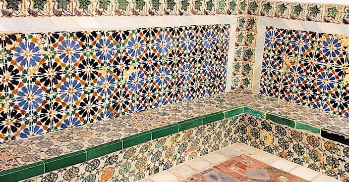 Bright blue & green Moorish style tiles azulejos in National Palace of Sintra