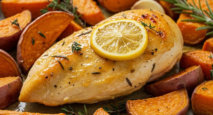 Roasted chicken breast with lemon and sweet potato wedges.