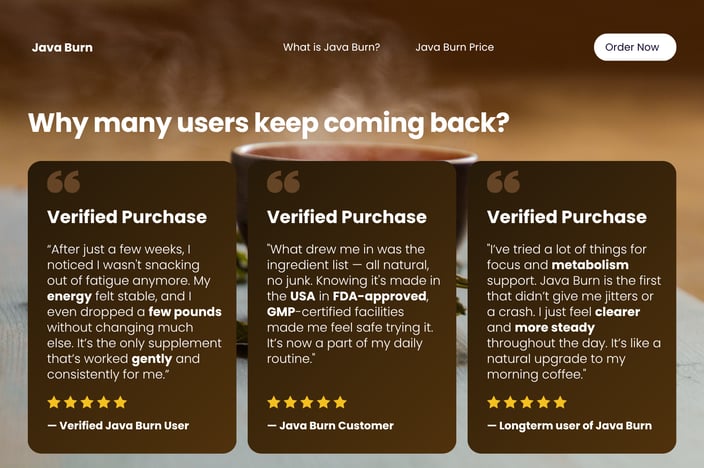Java Burn customer testimonial quotes highlighting improved energy, metabolism, and daily focus.