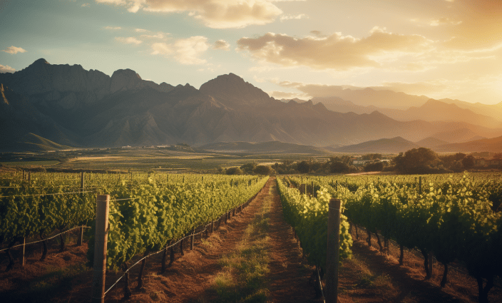 a vineyard with a view of the mountains