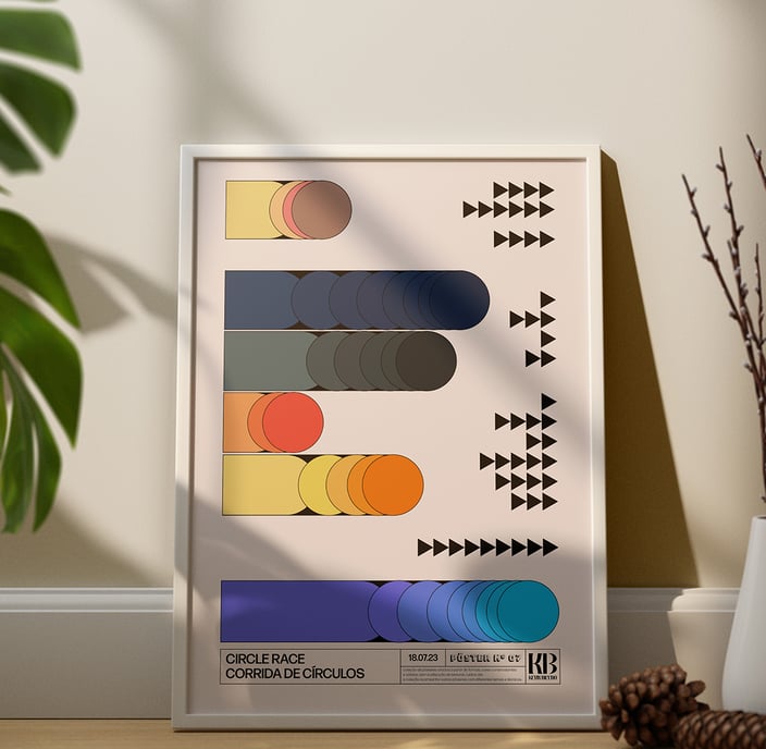 Quadro decorativo com moldura branca, impressão em vinil e arte personalizada inspirada na bauhaus