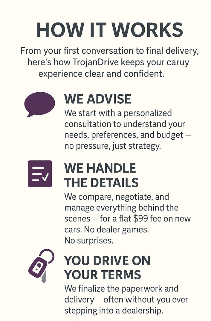 How TrojanGraphic titled ‘How It Works’ showing the TrojanDrive process in three steps: 'We Advise'