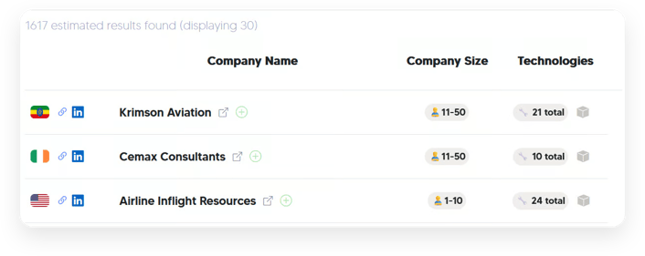 StackRadar interface showing search results for companies with name, LinkedIn link, company size, an