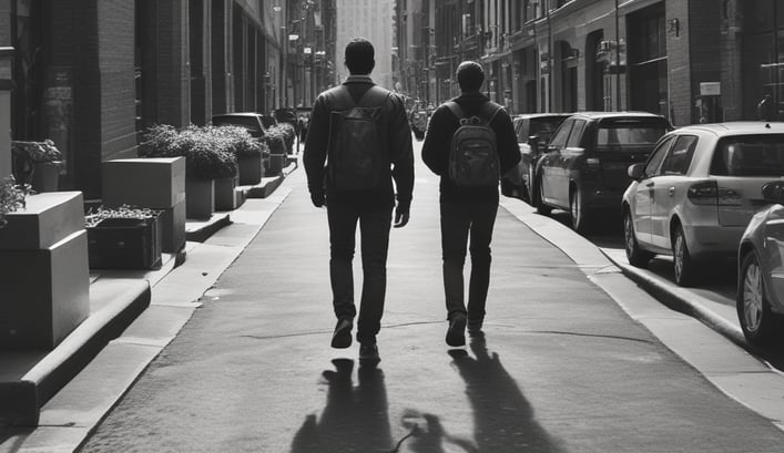 two people walking down a city street with cars parked on the sidewalk