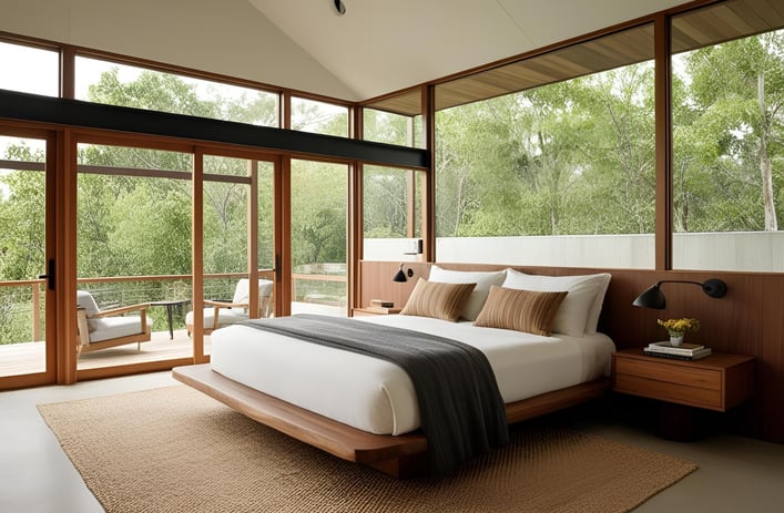 Elegant bedroom in a sustainable home.