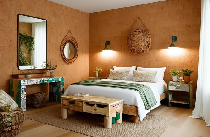 Home interior with cork wallpaper and upcycled furniture