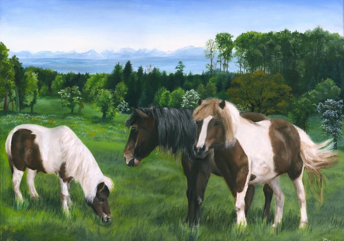 a painting of three ponies grazing in a field with varied trees and mountains