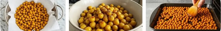 Drying, seasoning, and spreading chickpeas on a baking sheet for roasting.