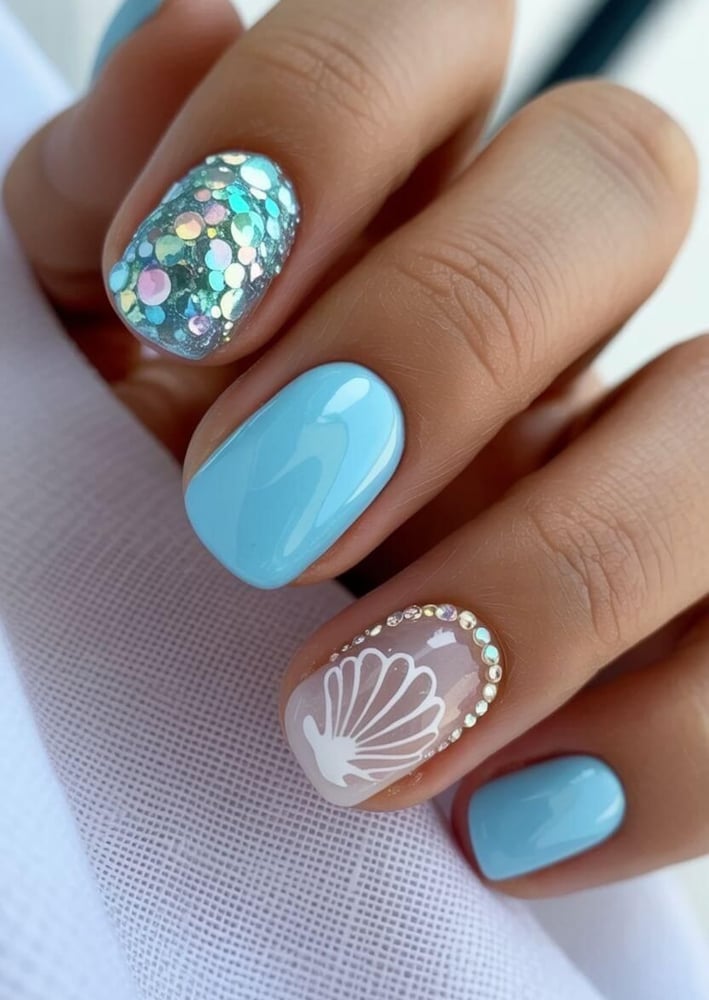 Blue glitter nails with seashell and rhinestone design