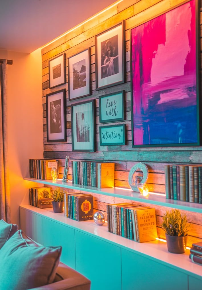 Feature wall with gallery art, bold colors, books, and LED lighting