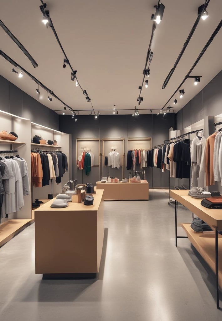 A modern fashion retail store with a minimalist facade. The storefront features a large glass window displaying a clothing rack with various garments, including shirts, pants, and dresses in pastel and neutral colors. The exterior wall is covered in dark gray tiles, with a small, rectangular window reflecting a tree.
