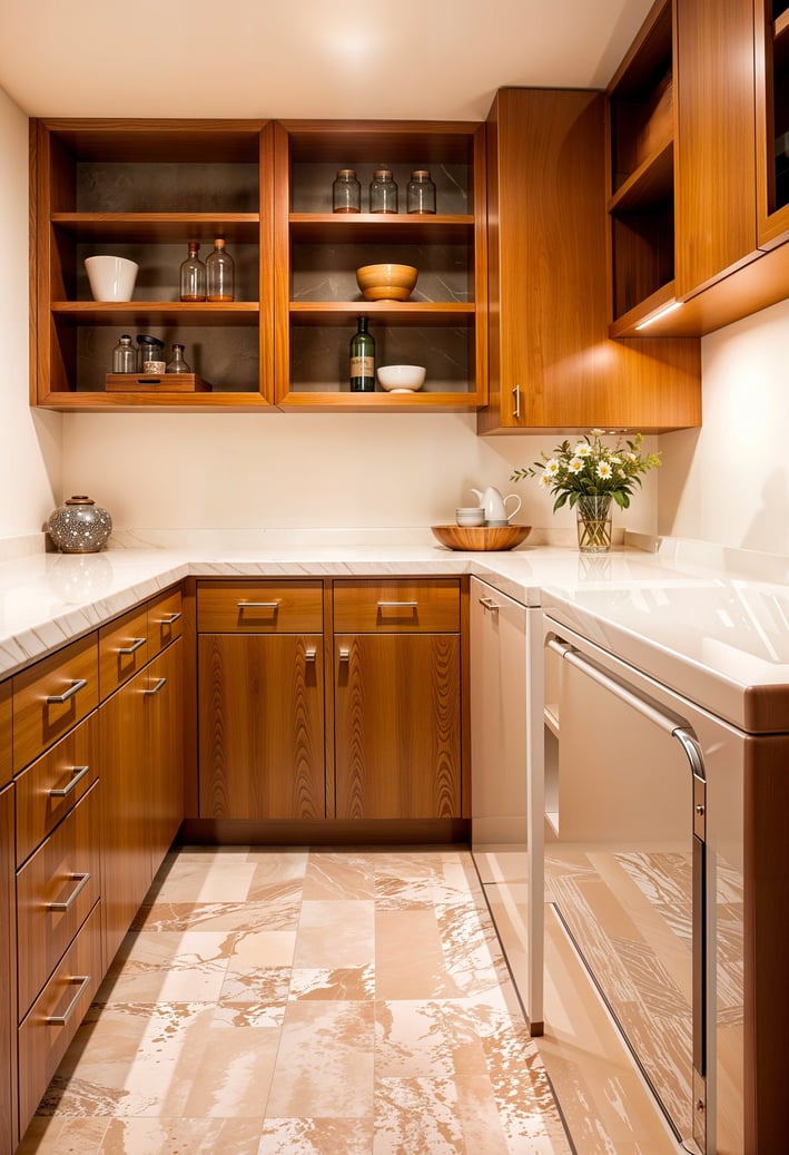 a kitchen with a marble counter top and a dishwasher