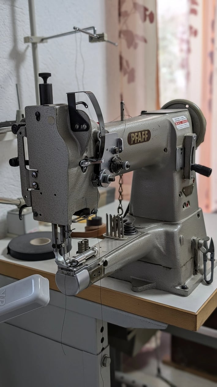 Une machine à coudre posée sur une table, prête pour le travail artisanal