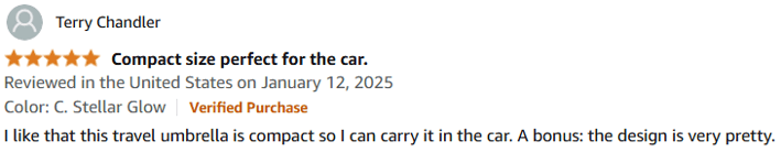 5 star review of Tumella Flip-proof Travel Umbrella compaction and pretty designs