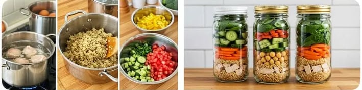 Step-by-step guide to preparing a mason jar salad meal prep for lunch with fresh ingredients.