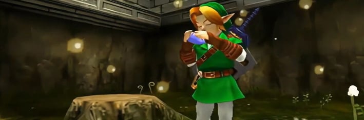 Link tocando la Ocarina, instrumento que se volvió popular dentro de los conocedores de la saga