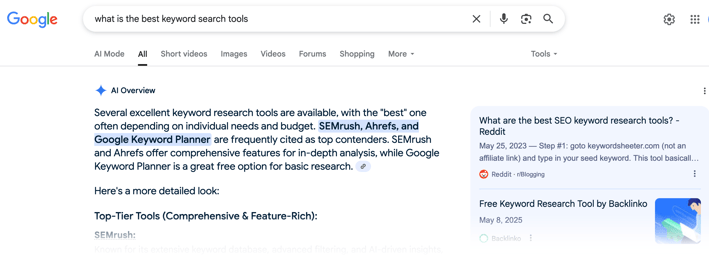 Google's SGE example using the search term, "what is the best keyword search tools"