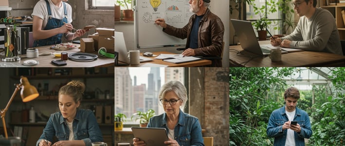 a series of photos of a woman in a blue shirt and a man in a