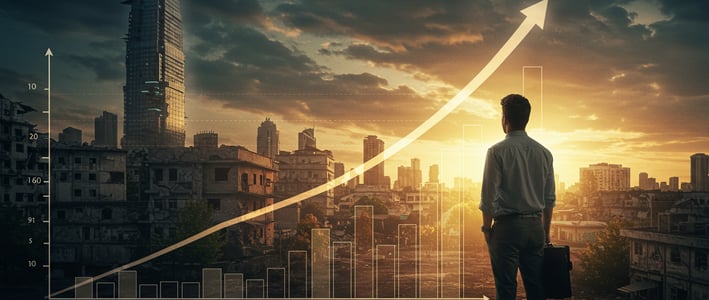 a man standing in front of a cityscapeople