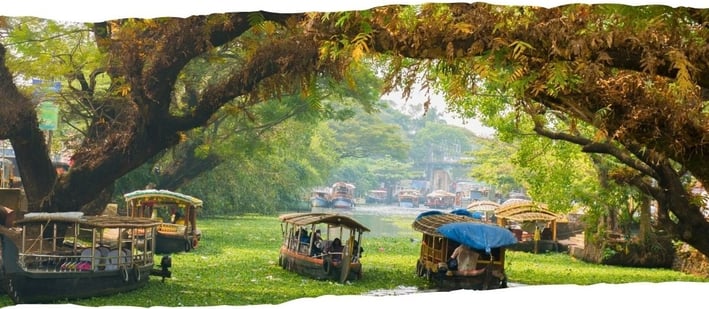 Vista de um passeio de barco pelos canais de Kerala, Índia, entre vegetação tropical e vilarejos ribeirinhos.