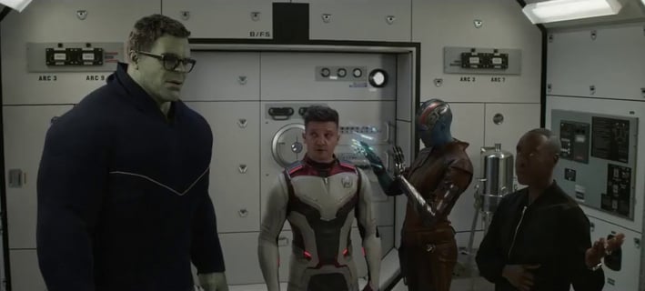 Avengers: Endgame scene with Professor Hulk explaining quantum concepts to the team.