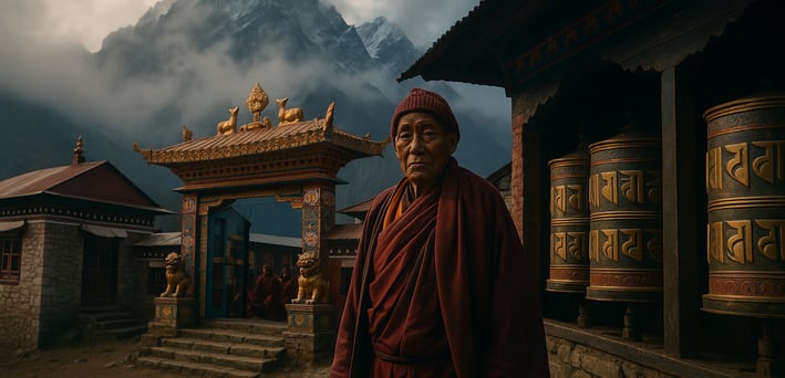 Sherpa elder near Tengboche Monastery with prayer wheels and mist.