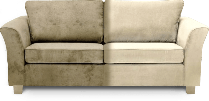 Um sofa na cor beje com uma metade suja e outra limpa