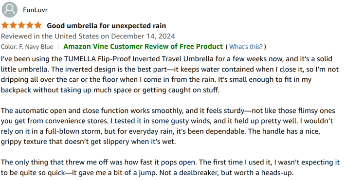 5 star review of Tumella Flip-proof Travel Umbrella about the no-drip design, auto close and open