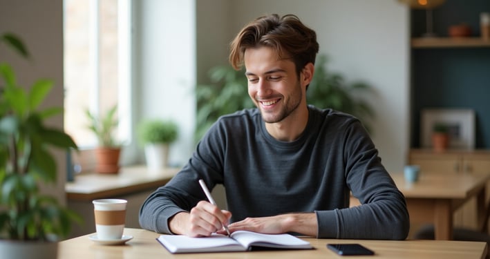 Homem jovem sorrindo sentado à mesa escrevendo em um caderno