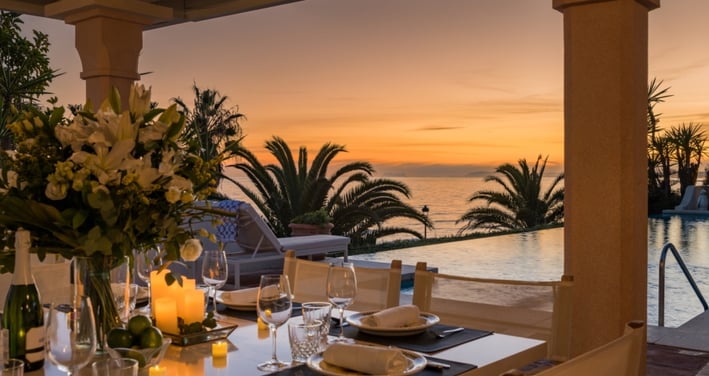 Dramatic sunset at Villa El Rincon in Marbella from the main pool area.