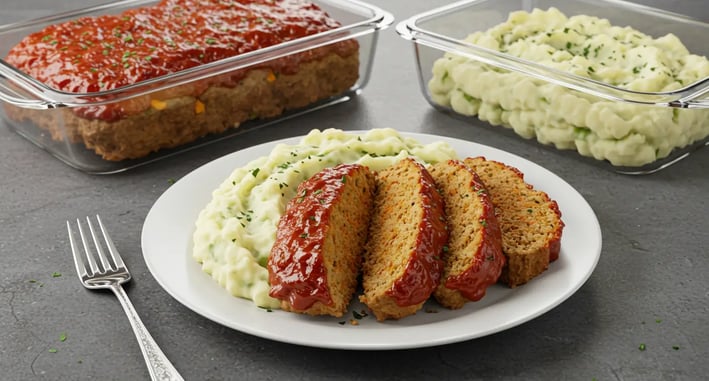 A hearty slice of turkey meatloaf served with creamy cauliflower mash, a nutritious and low-carb meal.