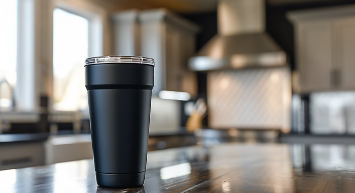 a black stainless steel tumler on the wood table