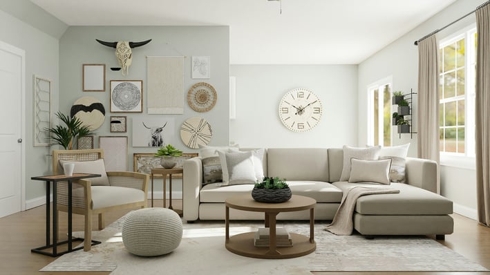 a living room with a couch and a clock